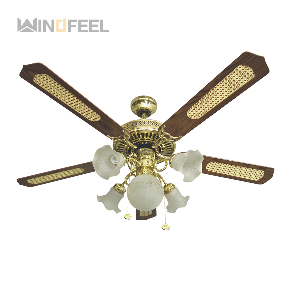 Five 5 blade metal ceiling fan with light rope