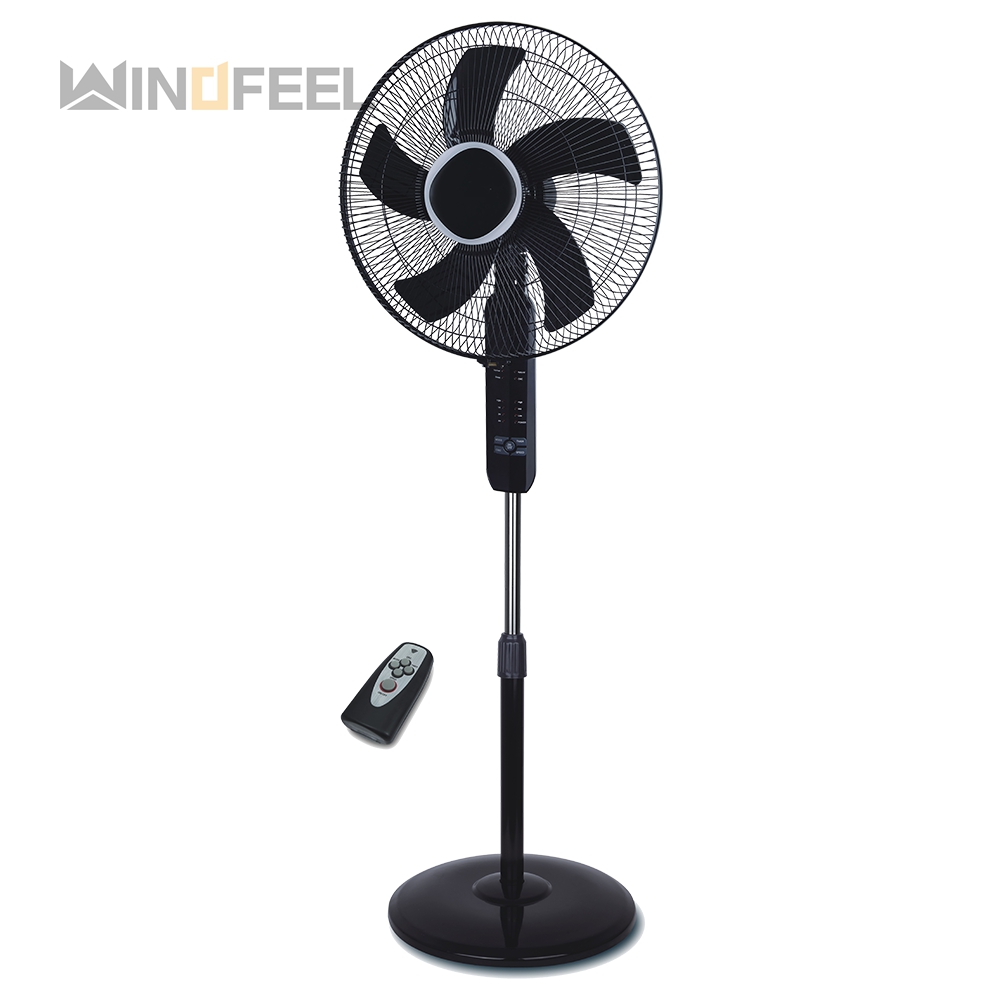 5 plastic blade remote control stand floor fan with adjustable stem base