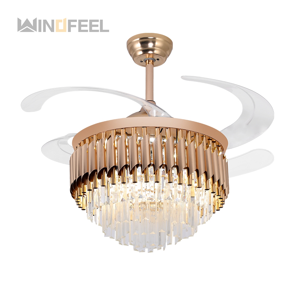 Decorative Chandelier Vintage Bedroom Copper Crystal Light Remote Control Led Retractable Ceiling Fans